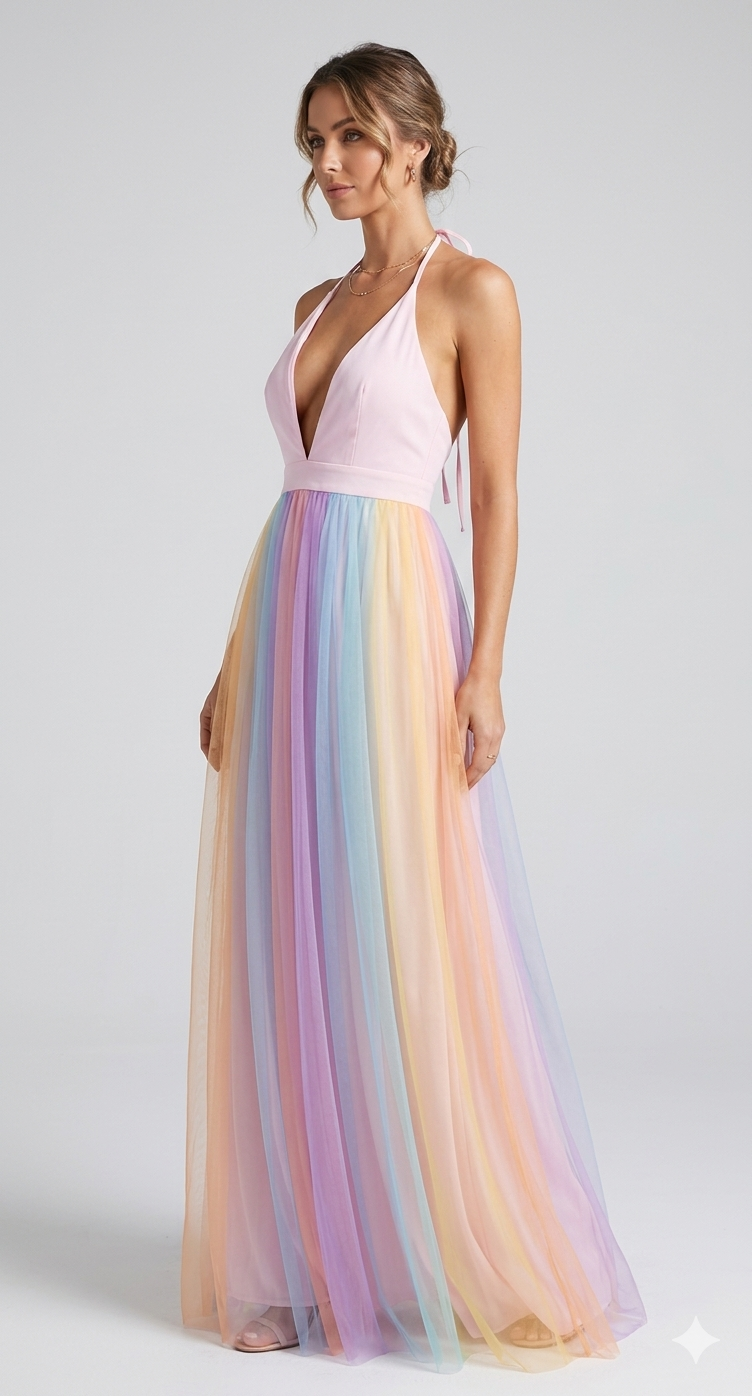 Regenbogen Spaghetti-Träger Damen Kleid | Mehrfarbig