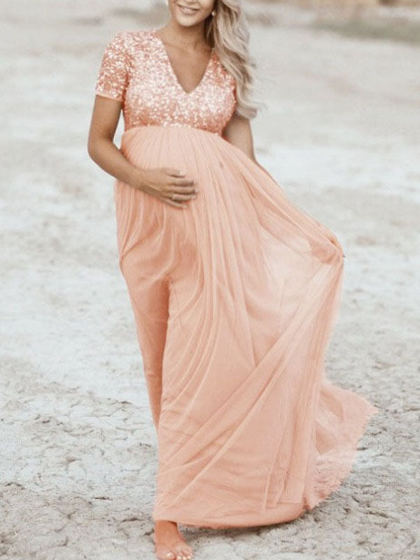 Zwergini-Mode Schwangerschafts-Chaps Maxi-Fotoshooting-Kleider, elegante Pailletten, Tüll, Rosa, Babyparty
