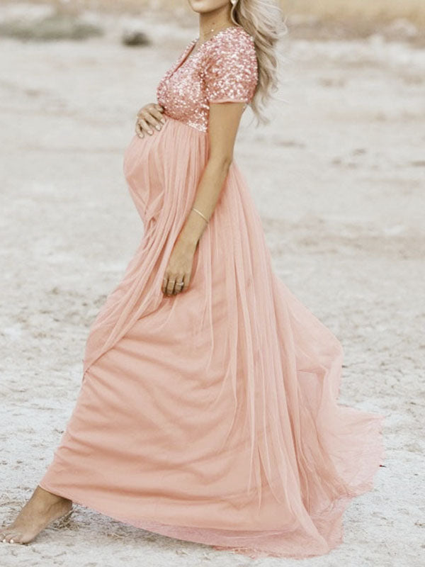 Zwergini-Mode Schwangerschafts-Chaps Maxi-Fotoshooting-Kleider, elegante Pailletten, Tüll, Rosa, Babyparty