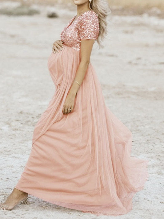 Zwergini-Mode Schwangerschafts-Chaps Maxi-Fotoshooting-Kleider, elegante Pailletten, Tüll, Rosa, Babyparty