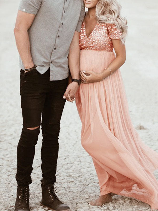 Zwergini-Mode Schwangerschafts-Chaps Maxi-Fotoshooting-Kleider, elegante Pailletten, Tüll, Rosa, Babyparty