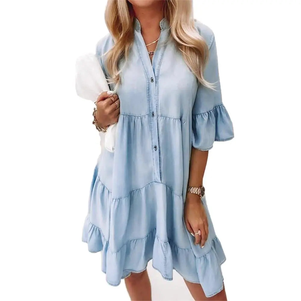 Jeanskleid mit V-Ausschnitt und Knöpfen für Damen
