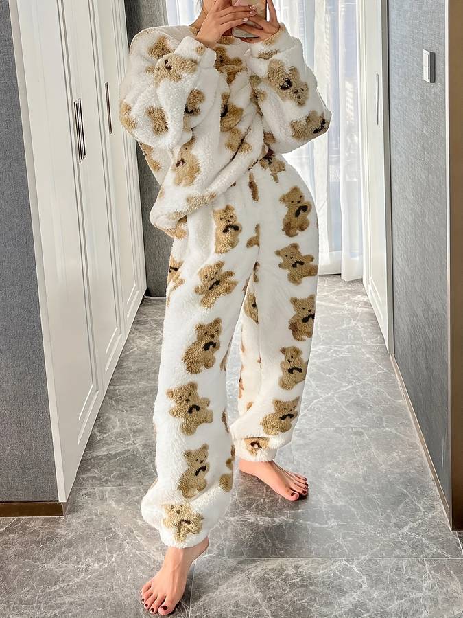Zwergini-Mode - Bequemes weißes Bärenmotiv Loungewear-Set für Damen
