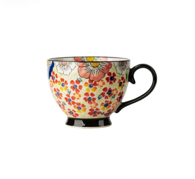 Große Keramiktasse mit Blumenmotiv für Kaffee und Tee