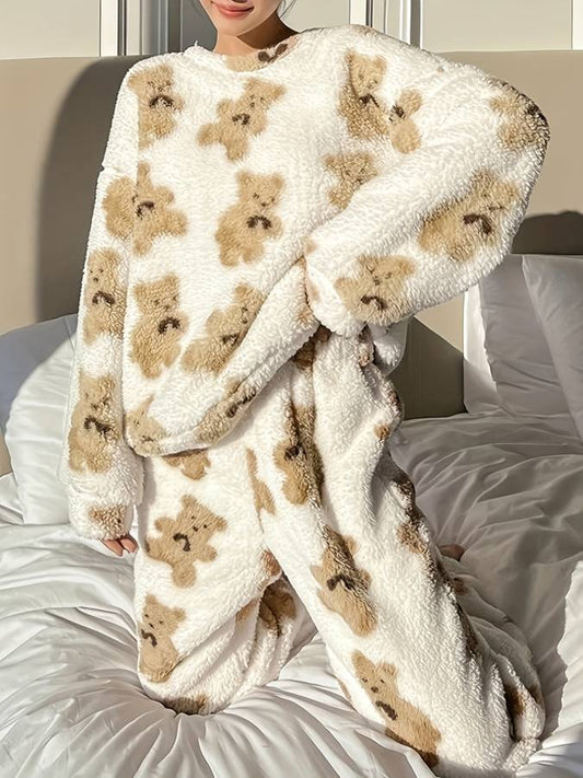 Zwergini-Mode - Bequemes weißes Bärenmotiv Loungewear-Set für Damen