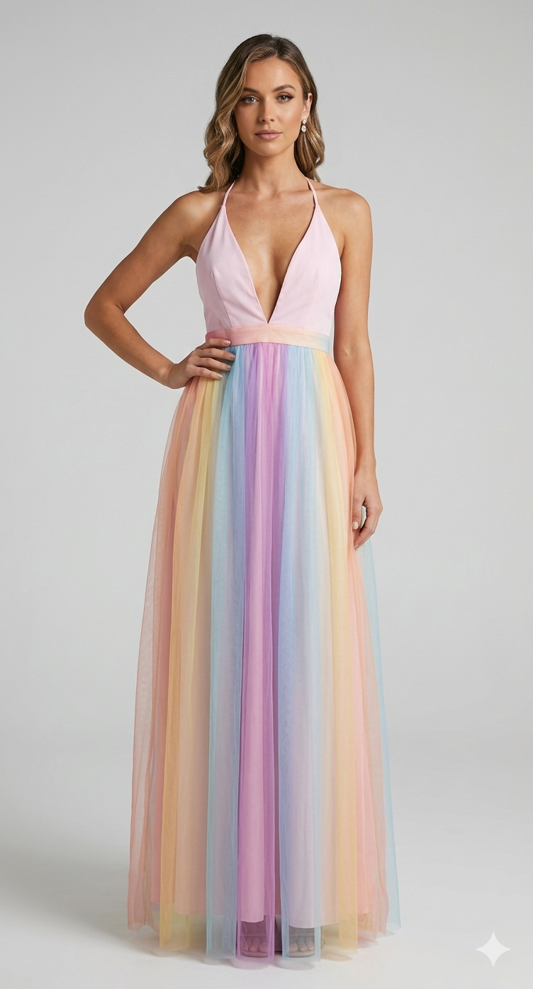 Regenbogen Spaghetti-Träger Damen Kleid | Mehrfarbig