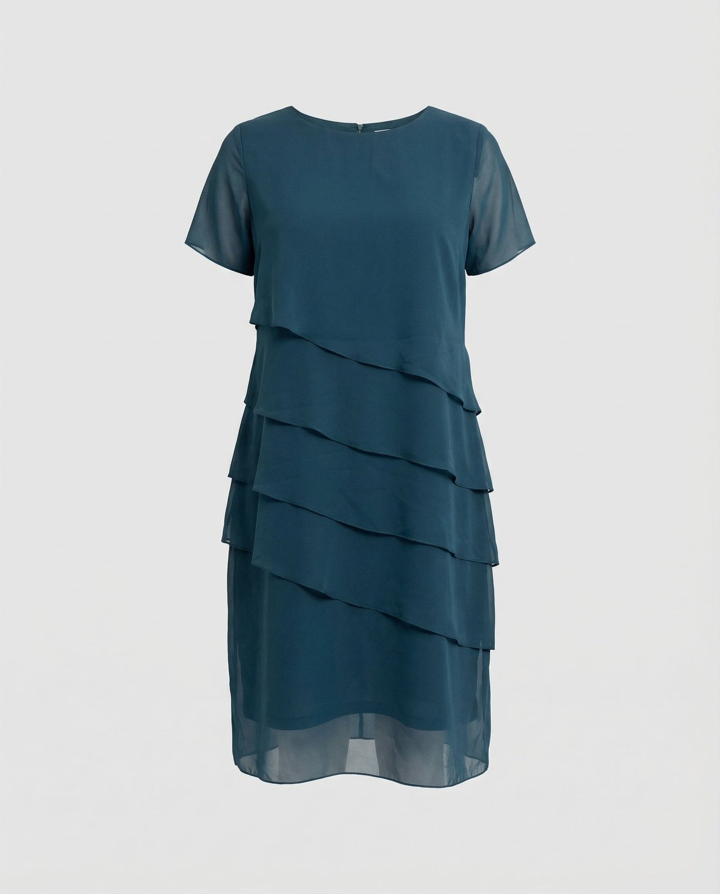 Damenkleid mit Rundhalsausschnitt, kurzen Ärmeln und mehrlagiger transparenter Overlay-Optik | Zwergini-Mode