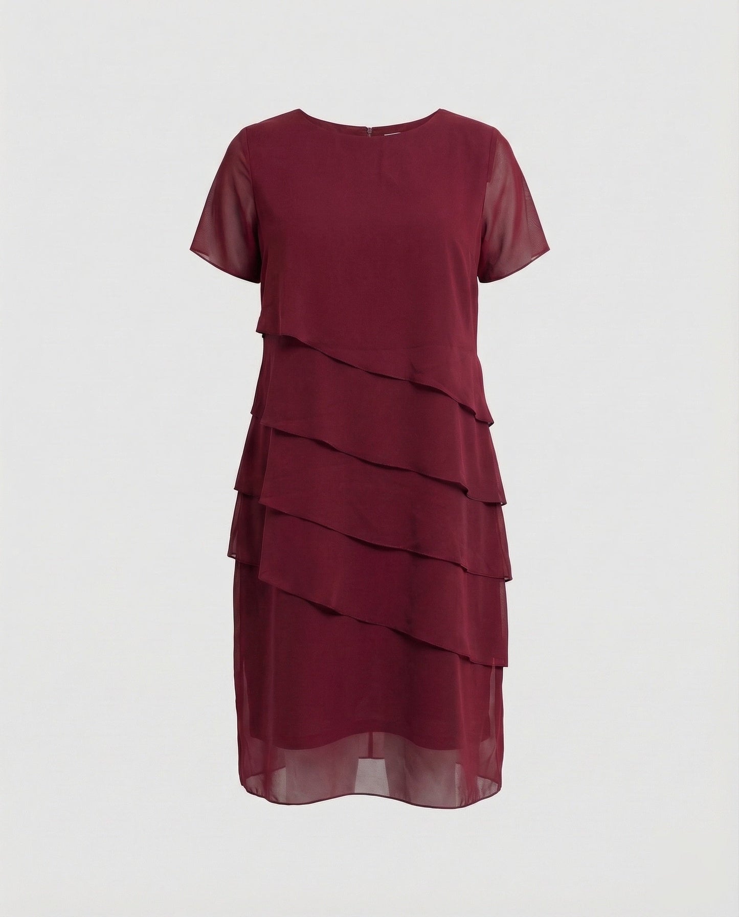 Damenkleid mit Rundhalsausschnitt, kurzen Ärmeln und mehrlagiger transparenter Overlay-Optik | Zwergini-Mode