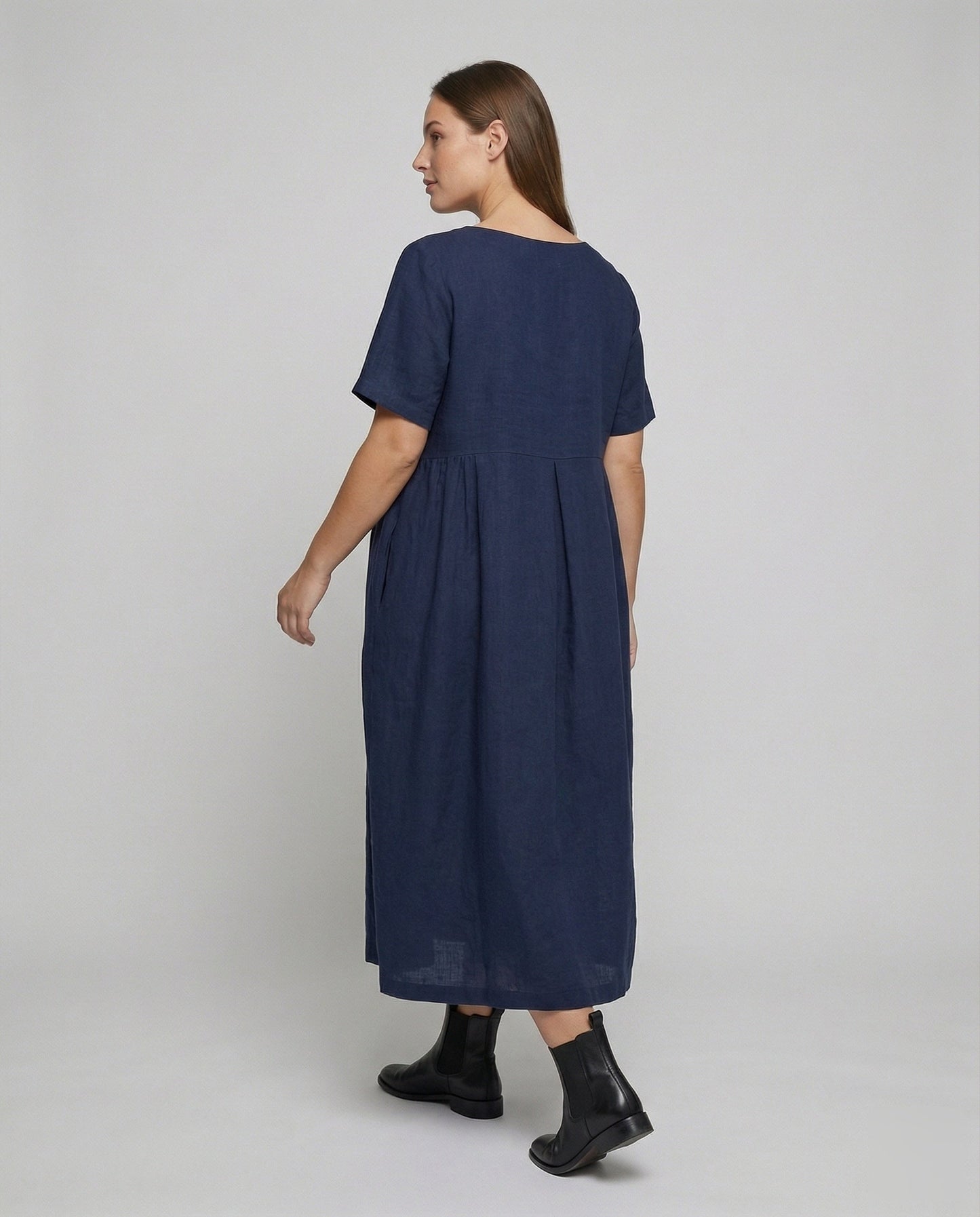 Damen Fließende Vordere-Falte Leinen-Maxikleid