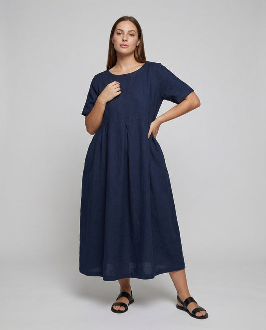 Damen Fließende Vordere-Falte Leinen-Maxikleid