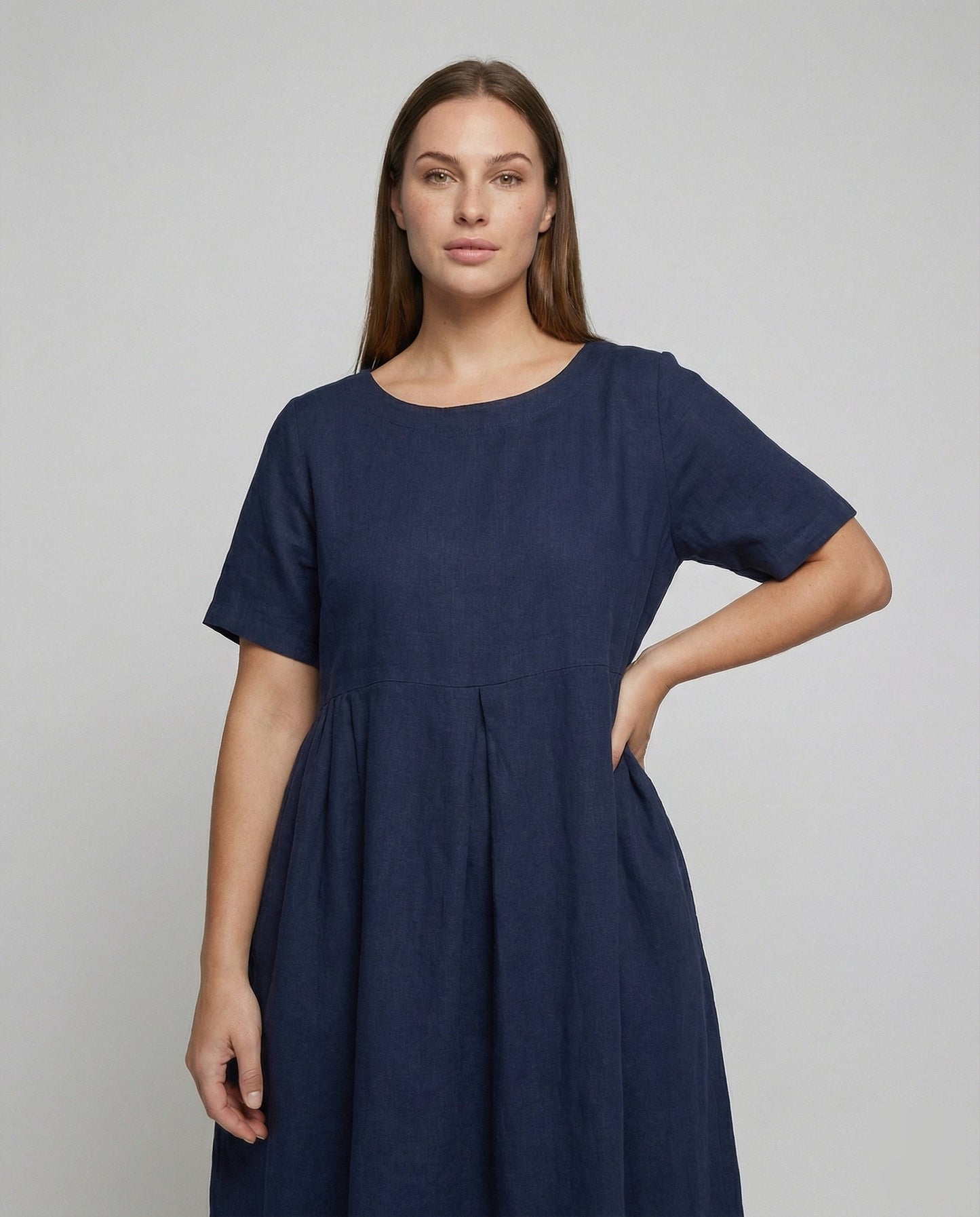 Damen Fließende Vordere-Falte Leinen-Maxikleid