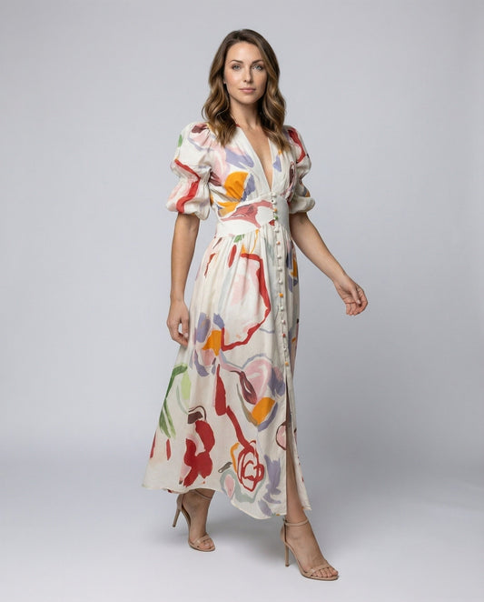 Damen V-Ausschnitt-Kleid mit Korsagen-Taille