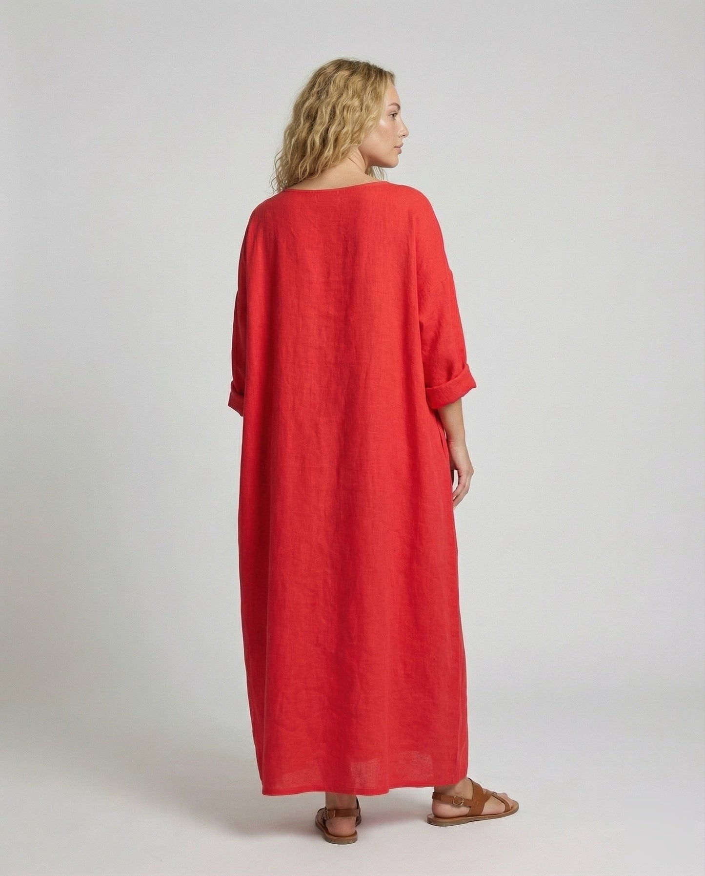 Damen bodenlanges Leinenkleid mit Ballonsaum