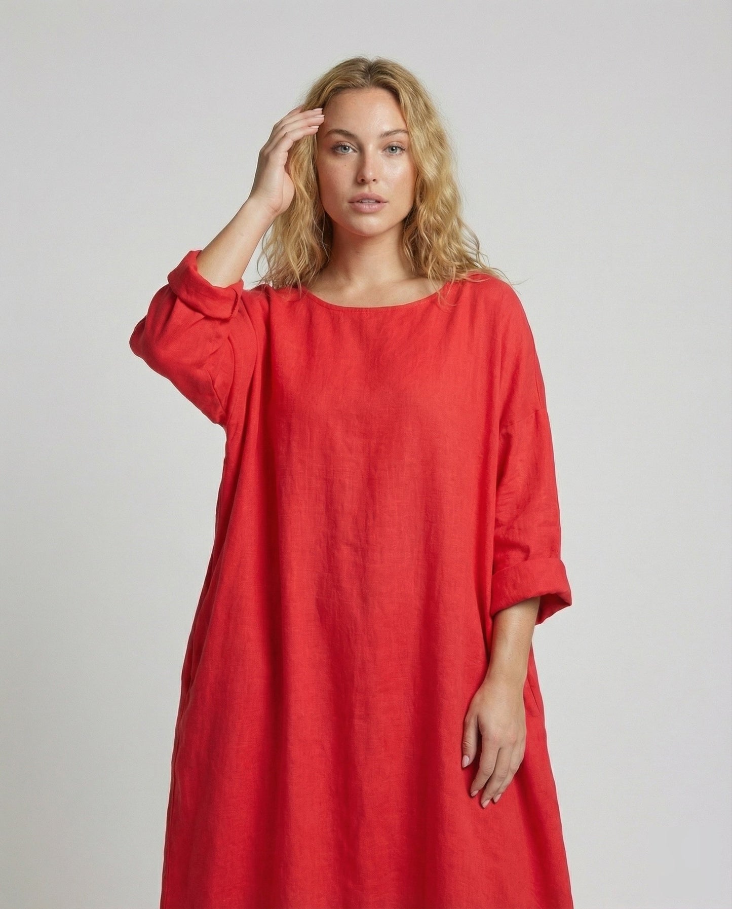 Damen bodenlanges Leinenkleid mit Ballonsaum
