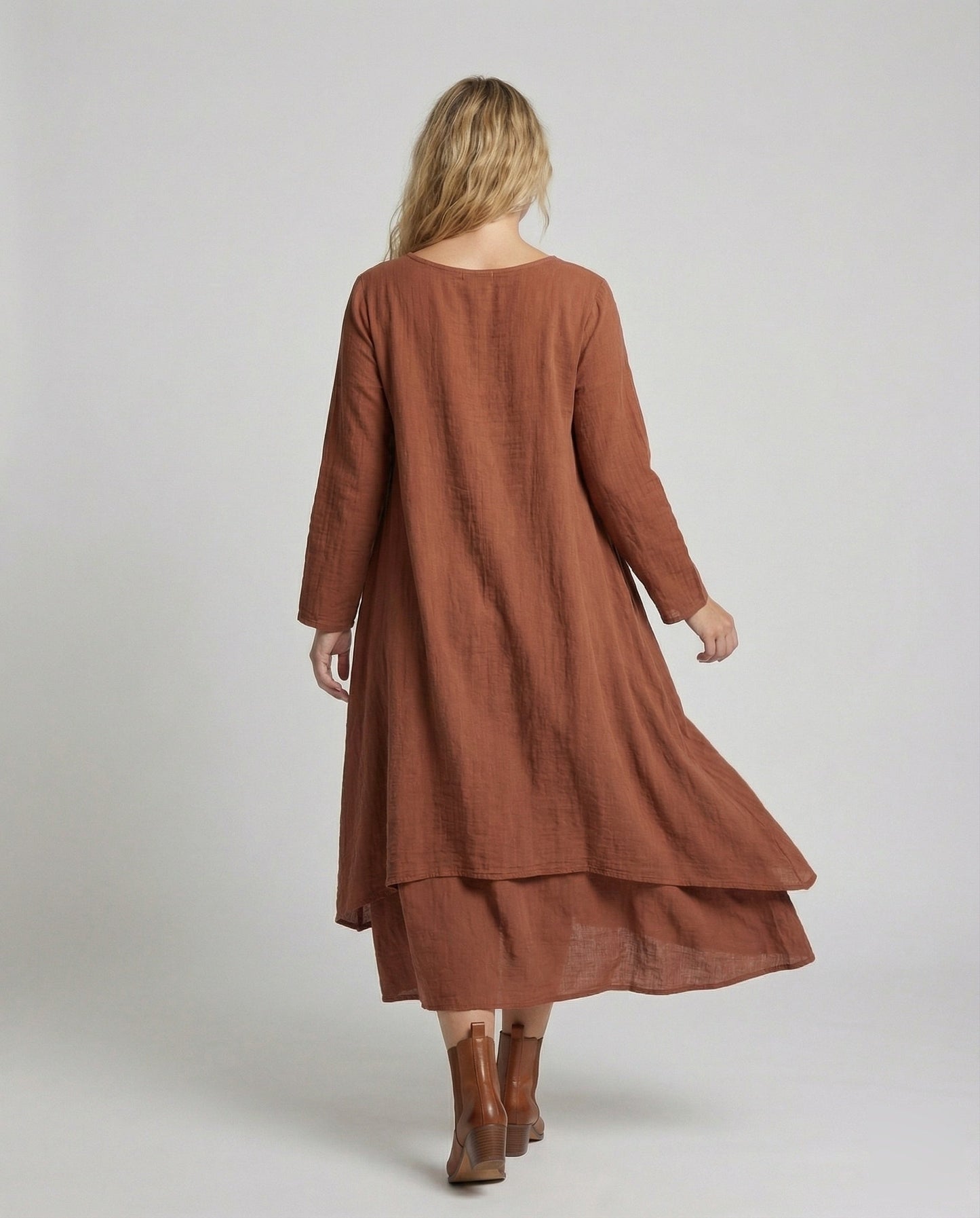 Damen zweilagiges Boho-Maxikleid in Leinenoptik