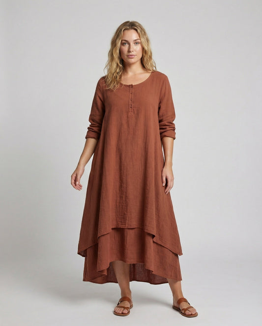 Damen zweilagiges Boho-Maxikleid in Leinenoptik