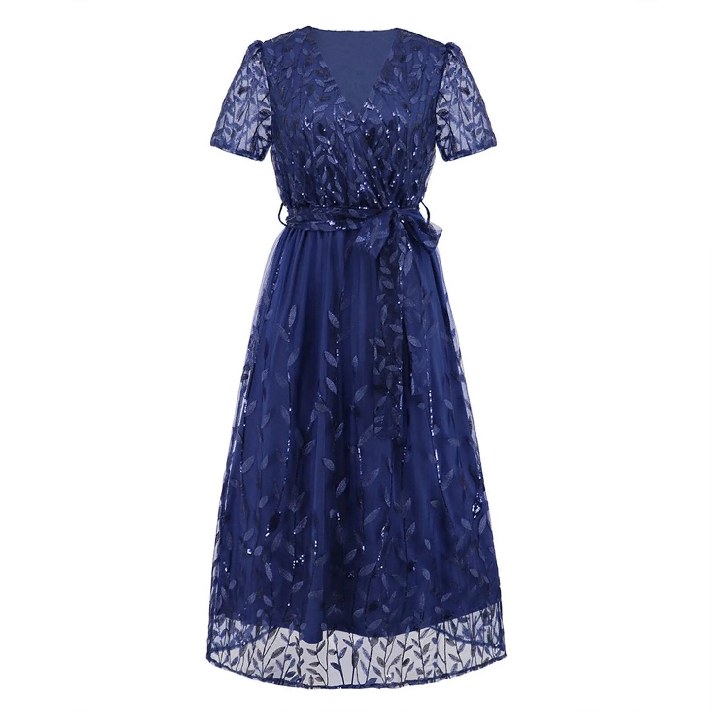Kurzärmeliges Netzkleid mit Paillettenstickerei