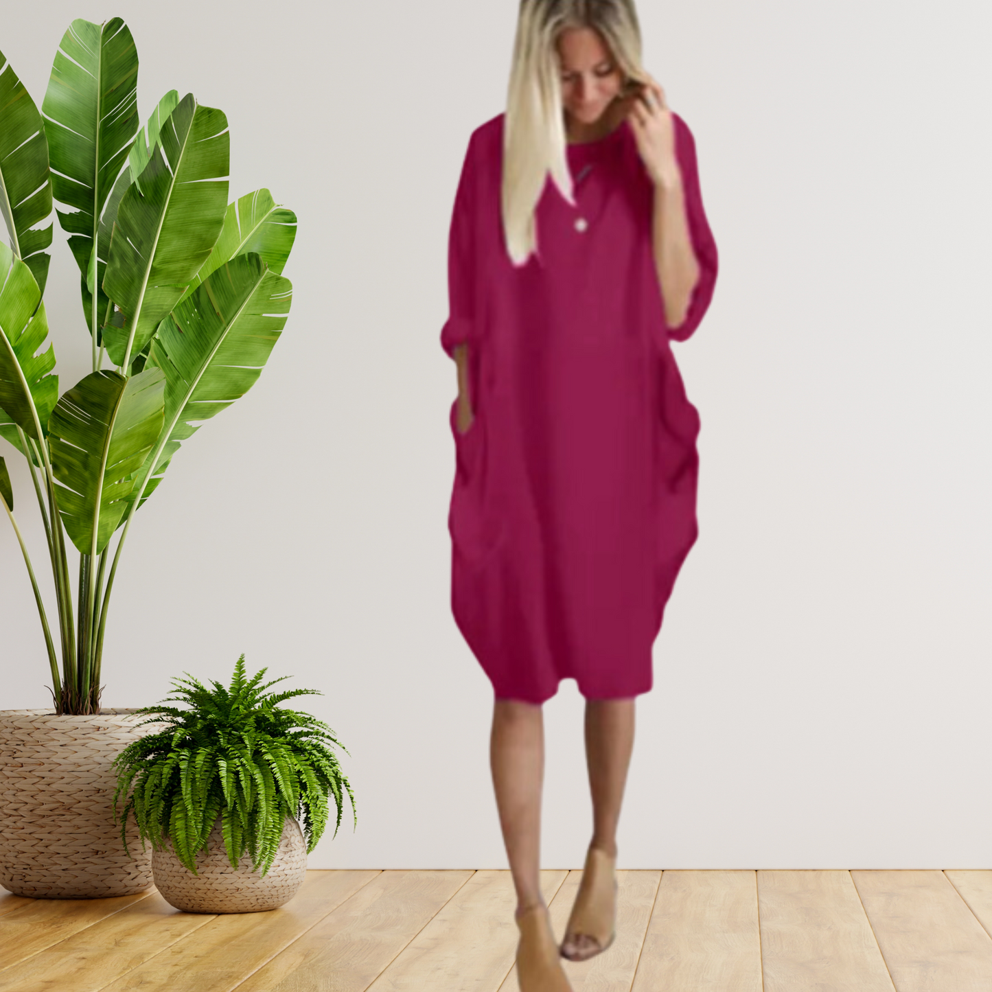Langärmeliges lockeres Taschenkleid