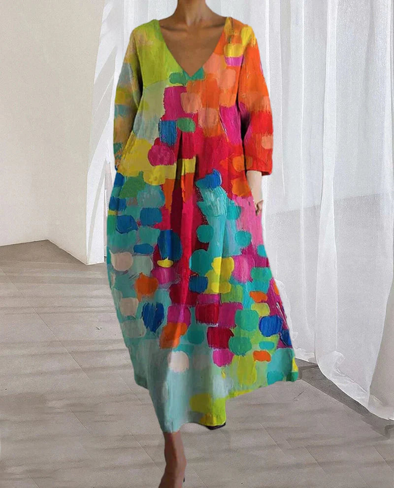 Zwergini-Mode | Buntes Midikleid mit V-Ausschnitt