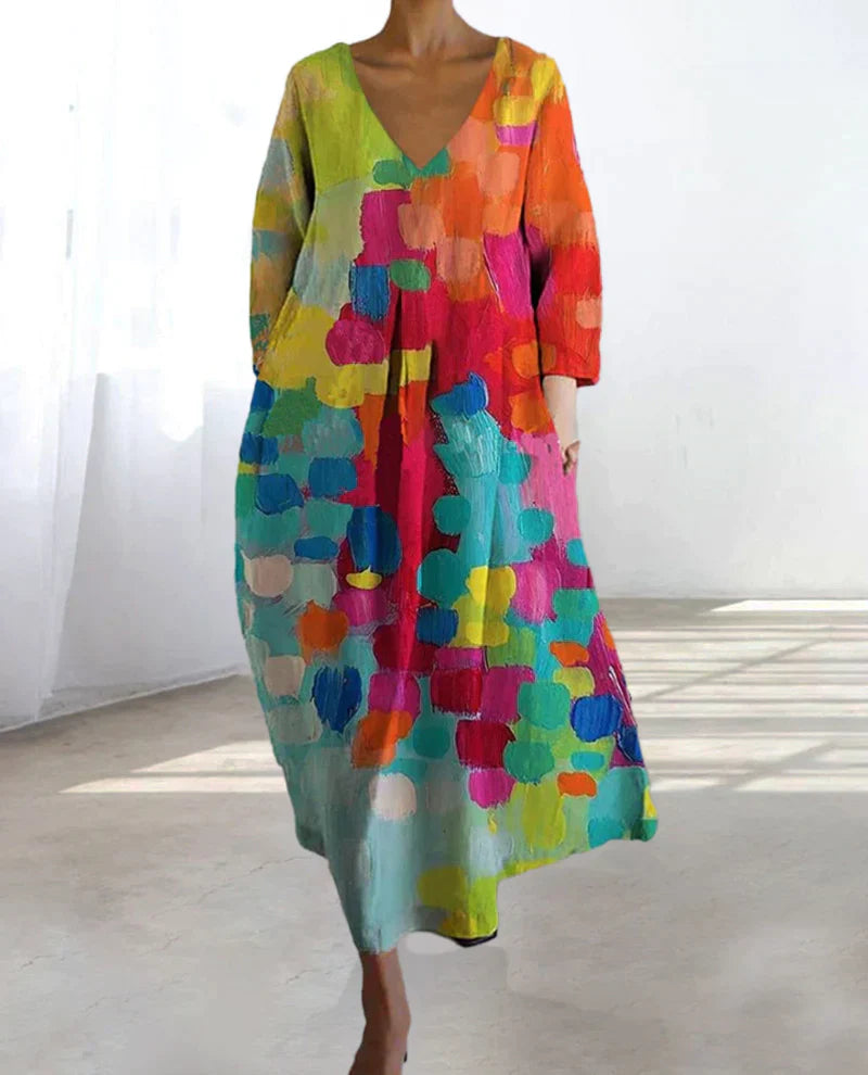 Zwergini-Mode | Buntes Midikleid mit V-Ausschnitt
