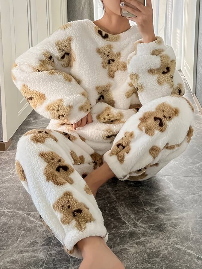 Zwergini-Mode - Bequemes weißes Bärenmotiv Loungewear-Set für Damen