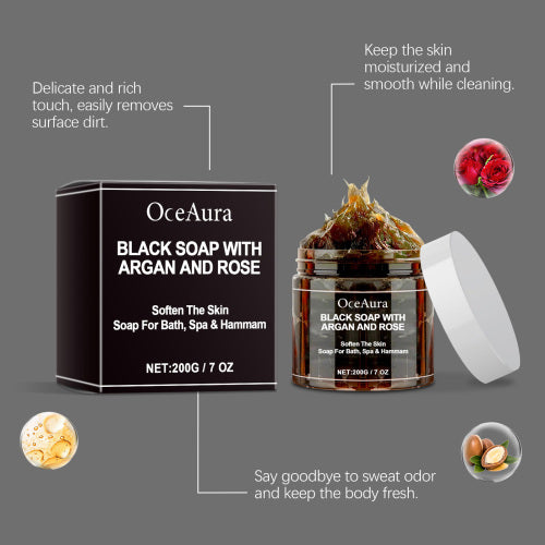 Schwarze Seife mit Argan- und Rosenöl