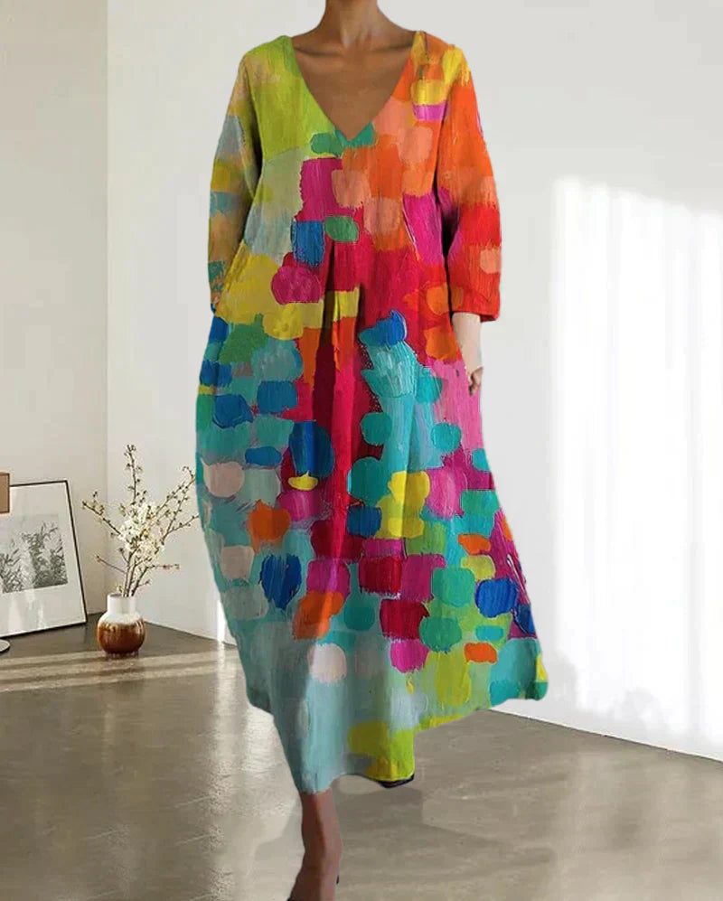 Zwergini-Mode | Buntes Midikleid mit V-Ausschnitt